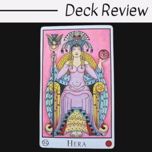 A tarot card illustration of Hera sits on a decorated throne, holding a staff and a pomegranate. She wears a headdress and pink robes. “Hera” and a Cancer symbol are at the bottom, with Deck Review above—part of The Moon Oracle series.