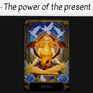 A tarot card labeled XIV. SELF shows a serene woman sitting cross-legged in mindfulness, surrounded by blue roses, yellow light, and doves above her head, with brown wings spread behind her. The text above reads, The power of the present.