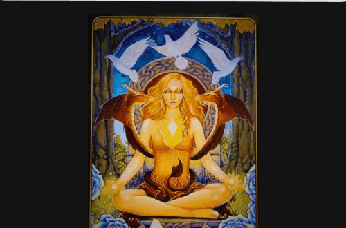 A tarot card labeled XIV. SELF shows a serene woman sitting cross-legged in mindfulness, surrounded by blue roses, yellow light, and doves above her head, with brown wings spread behind her. The text above reads, The power of the present.
