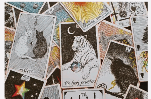 A scattered collection of illustrated tarot cards—featuring animals, stars, and swords—lies beneath the heading "Why Tarot?" in the top right corner, inviting curiosity about why tarot has captivated so many.