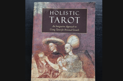 A book cover titled Holistic Tarot: An Integrative Approach to Using Tarot for Personal Growth by Benebell Wen, featuring two figures in historical attire holding scrolls. "Book Review" is displayed above this insightful guide to holistic tarot practice.