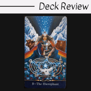 A tarot card labeled “5 – The Hierophant” from The Star Tarot features a crowned figure seated between two mountains, surrounded by cosmic and spiritual symbols, with a white dove and a labyrinth at the bottom. Deck Review appears at the top.