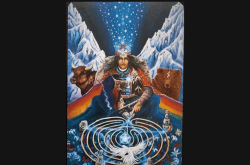A tarot card labeled “5 – The Hierophant” from The Star Tarot features a crowned figure seated between two mountains, surrounded by cosmic and spiritual symbols, with a white dove and a labyrinth at the bottom. Deck Review appears at the top.