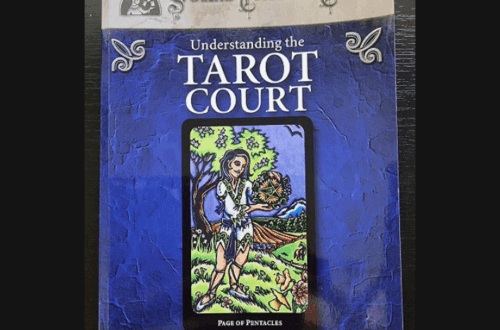 A book titled Understanding the Tarot Court by Mary K. Greer & Tom Little, featuring a Page of Pentacles tarot card on the blue cover. Above, “Book Review” appears in a handwritten font, highlighting Understanding the Tarot Court.