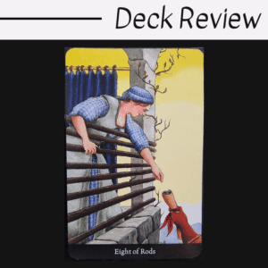 A tarot card from the Anna K Tarot titled Eight of Rods shows a woman on a balcony handing a letter to a dog, with several rods forming a fence between them. The scene is set against a pale yellow and blue background.