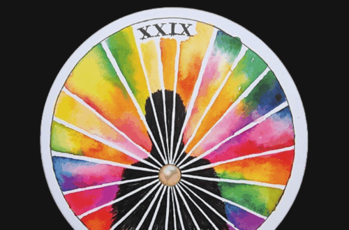 A circular tarot card from the Wild Unknown Archetypes deck labeled “XXIX THE SELF” features a black silhouette at the center, surrounded by colorful, radiating watercolor beams on a white background. “Deck Review” is written above the card.