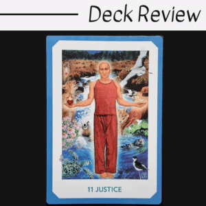 A tarot card labeled 11 Justice from the Gaian Tarot features a bald person in red clothes standing with arms open, surrounded by various animals, nature scenes, and water, with Deck Review written above.