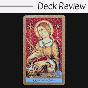 A tarot card titled Queen of Cups from the Golden Tarot shows a regal woman with a golden crown, holding a cup and scepter against a red, ornate background. The image is framed in gold, with Deck Review written above.