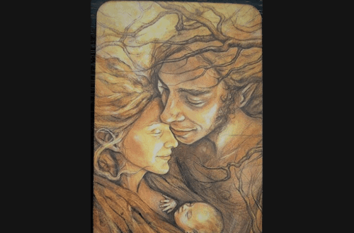 A Tarot of the Hidden Realm card, the Three of Wands, shows two adults and a baby with serene expressions, their bodies and hair entwined with tree branches, creating a warm, earthy scene.