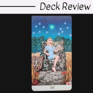 A tarot card labeled III from the Viceversa Tarot shows a woman in a light blue dress seated on a stone throne, surrounded by nature, stars in the night sky, wheat fields, and greenery. The text Deck Review appears above the card.