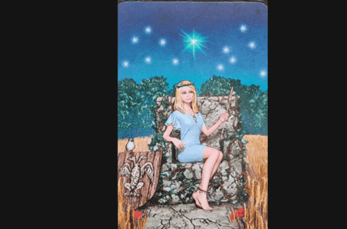 A tarot card labeled III from the Viceversa Tarot shows a woman in a light blue dress seated on a stone throne, surrounded by nature, stars in the night sky, wheat fields, and greenery. The text Deck Review appears above the card.