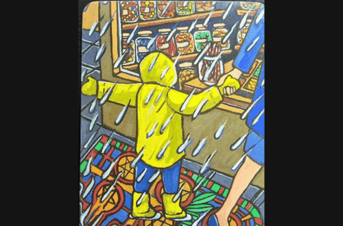 A card from the Cook's Tarot, the Five of Pentacles shows a child in a yellow raincoat reaching out in the rain, standing next to an adult outside a colorful shop filled with jars and goods.