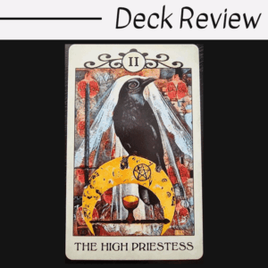 A tarot card from the Crow Tarot titled The High Priestess features a black crow, a yellow crescent moon with a pentacle, a chalice, red pomegranates, and a white veil. The card is displayed under the heading Deck Review.