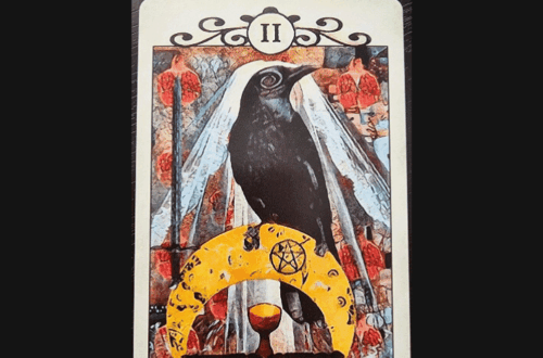 A tarot card from the Crow Tarot titled The High Priestess features a black crow, a yellow crescent moon with a pentacle, a chalice, red pomegranates, and a white veil. The card is displayed under the heading Deck Review.