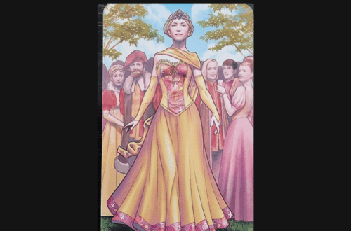 A tarot card from the Gregory Scott Tarot, titled The Empress, shows a regal woman in a golden gown and crown, standing confidently outdoors among people in medieval attire, with trees and blue sky in the background.