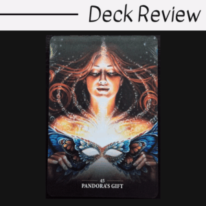 A tarot or oracle card from the Sacred Rebels Oracle titled Pandoras Gift shows a glowing woman with flowing hair holding a butterfly mask, surrounded by swirling magical patterns. The words Deck Review are above the card.