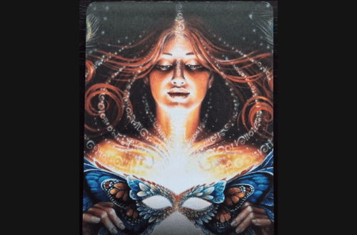 A tarot or oracle card from the Sacred Rebels Oracle titled Pandoras Gift shows a glowing woman with flowing hair holding a butterfly mask, surrounded by swirling magical patterns. The words Deck Review are above the card.