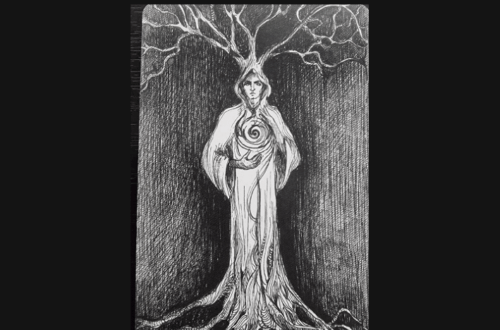 Black and white tarot card from the Tarot of the Abyss titled The Magician features a figure merging with a tree, roots at their feet and branches above. Text Deck Review appears at the top on a white background.