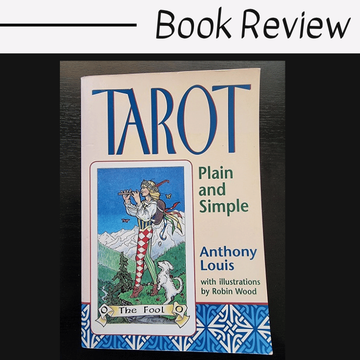 A book titled Tarot Plain and Simple by Anthony Louis, featuring an illustration of The Fool tarot card, with "Book Review" written above in a handwritten style. Discover Tarot Plain and Simple’s approachable insights in this review.
