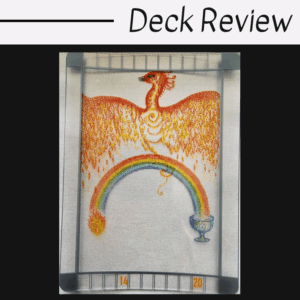 A colorful card from the Transparent Tarot shows a fiery phoenix above a rainbow ending in a blue cup. At the bottom are the numbers 14 and 20, with “Deck Review” elegantly displayed at the top.