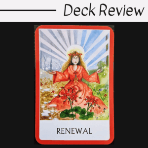 A tarot card labeled RENEWAL from the Chakra Wisdom Oracle shows a woman in a red dress and flower crown sitting outdoors. Rays of light shine behind her, with red flowers blooming in the foreground, all framed in vibrant red.