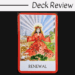 A tarot card labeled RENEWAL from the Chakra Wisdom Oracle shows a woman in a red dress and flower crown sitting outdoors. Rays of light shine behind her, with red flowers blooming in the foreground, all framed in vibrant red.