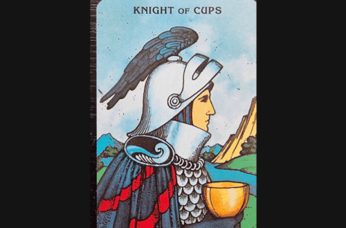 A tarot card labeled Knight of Cups from the Morgan Greer Tarot shows a knight in armor with a winged helmet, holding a golden cup. The card is set against a sky-blue background with hills. Deck Review is written above the image.