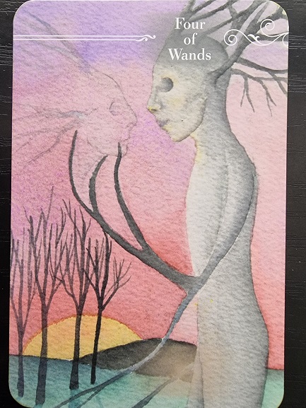 A watercolor illustration of the Four of Wands from the Guardian Tarot shows a tree-like figure with a human face reaching toward a ghostly, lion-like face, set against a pink and purple sunset sky with bare trees in the background.