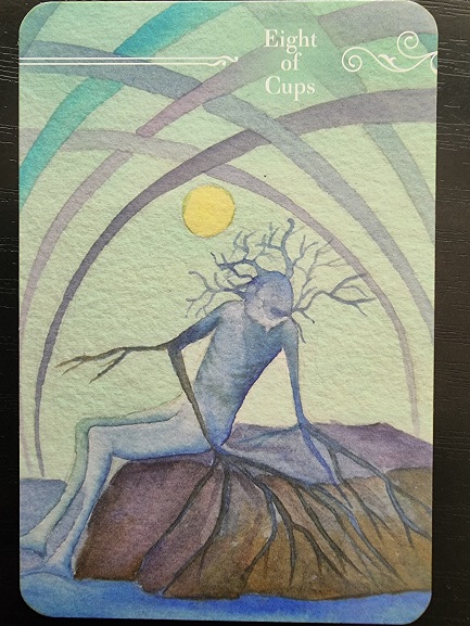 A watercolor Guardian Tarot card labeled Queen of Pentacles shows two ethereal, tree-like figures with green leaves—one standing, one floating. Yellow flowers bloom at the bottom against a pastel sunset background.
