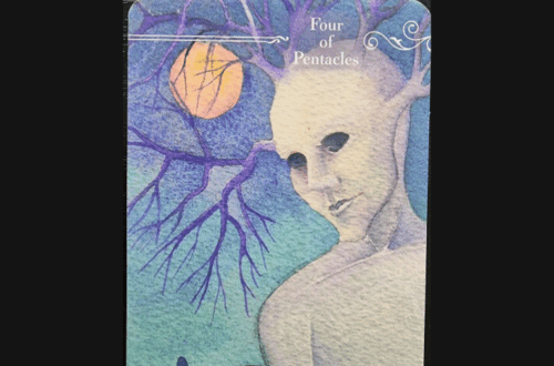 A Guardian Tarot card titled Four of Pentacles shows a pale, faceless figure blending into a tree under a large orange moon and purple branches, with shadowy figures and houses on a green hill below.