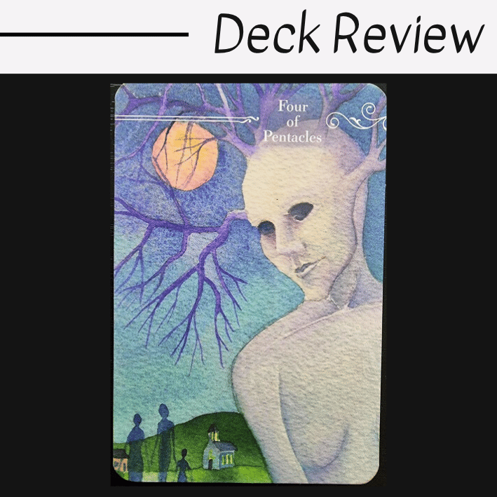 A Guardian Tarot card titled Four of Pentacles shows a pale, faceless figure blending into a tree under a large orange moon and purple branches, with shadowy figures and houses on a green hill below.