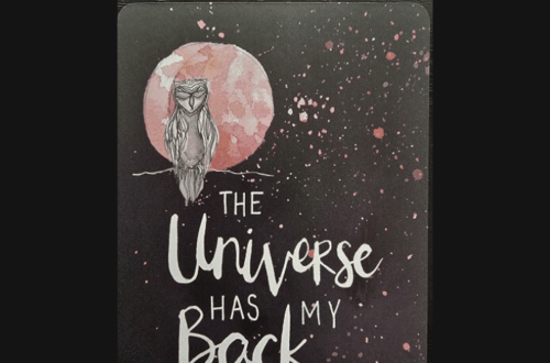 A card from The Universe Has Your Back deck features an owl before a pink moon and starry sky, with "The Universe Has My Back" scripted in white. The heading above reads Deck Review.