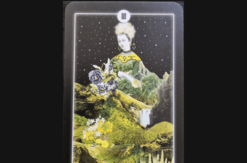 A tarot card from The Intuitive Night Goddess Tarot features The Empress, crowned and surrounded by lush greenery, flowers, and a waterfall beneath a starry sky. The words Deck Review appear above the card.