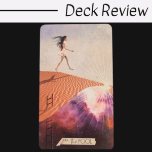 A tarot card from the Muse Tarot titled The Fool shows a woman in white stepping off a sandy cliff toward a bright, cosmic light, with a ladder leading to the sand. The image appears under a “Deck Review” header.