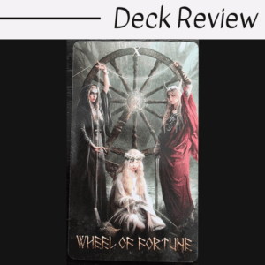 A Runic Tarot card labeled Wheel of Fortune features three mystical women in flowing robes before a large wheel; one stands with upraised arms, another holds the wheel, and the third sits below with a floral crown.
