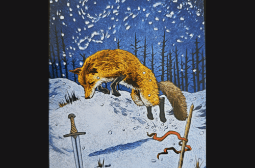 A tarot card titled The Magician features a fox pouncing in a snowy forest. Nearby lie a sword, a pentacle, a cup, and a wand, representing the four suits of tarot. Snow falls under a star-filled night sky.