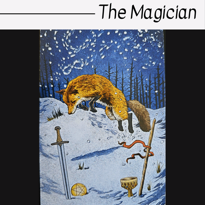 A tarot card titled The Magician features a fox pouncing in a snowy forest. Nearby lie a sword, a pentacle, a cup, and a wand, representing the four suits of tarot. Snow falls under a star-filled night sky.