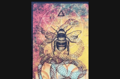 A card titled Bee Wisdom from the Wisdom of the Sacred Bee Oracle features an illustration of a bee atop a coiled snake against a colorful, geometric background. At the top, text reads Deck Review on a white banner.