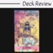A card titled Bee Wisdom from the Wisdom of the Sacred Bee Oracle features an illustration of a bee atop a coiled snake against a colorful, geometric background. At the top, text reads Deck Review on a white banner.