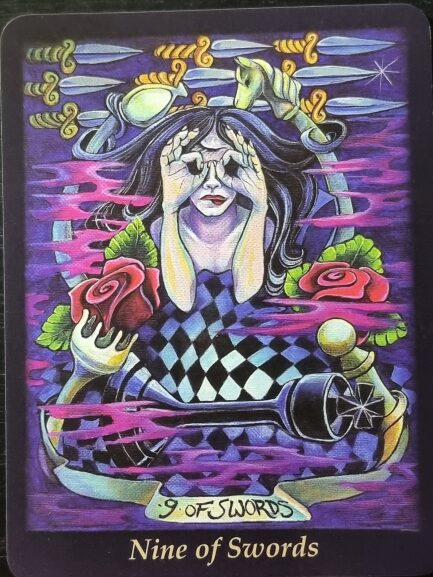 A man sits in a tree holding a coin, surrounded by green apples and pentacles in the vibrant Bonefire Tarot style. The moon shines bright behind him. Symbols adorn the tree, with a stream, campfire, and colorful landscape below. Four of Coins appears at the bottom.