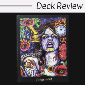 A colorful Bonefire Tarot card titled Judgement features a woman’s face, a gavel, flames, a clock, and red flowers. The word JUDGEMENT and various symbols surround her. Deck Review is written above.