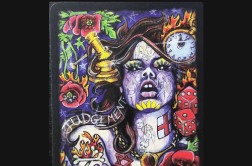A colorful Bonefire Tarot card titled Judgement features a woman’s face, a gavel, flames, a clock, and red flowers. The word JUDGEMENT and various symbols surround her. Deck Review is written above.