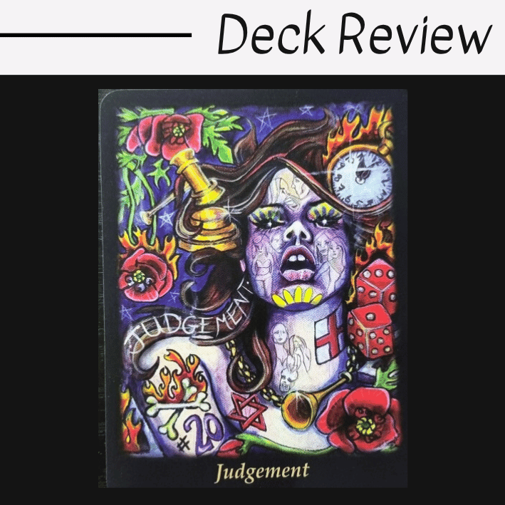 A colorful Bonefire Tarot card titled Judgement features a woman’s face, a gavel, flames, a clock, and red flowers. The word JUDGEMENT and various symbols surround her. Deck Review is written above.