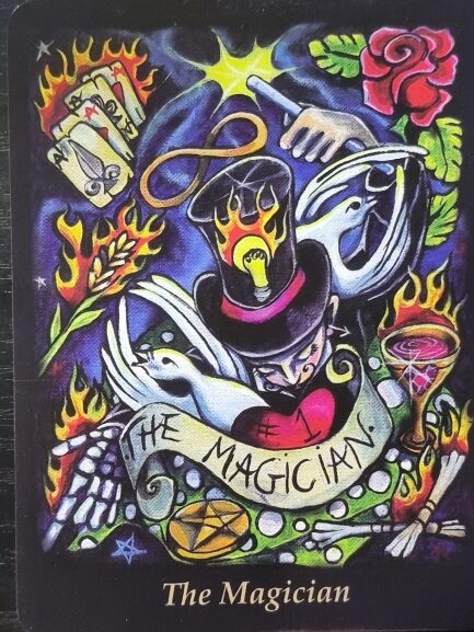 A colorful Bonefire Tarot card titled The Magician features a figure in a top hat surrounded by symbols: playing cards, a wand, infinity symbol, a rose, flames, a snake, a cup, and a glowing star at the top.