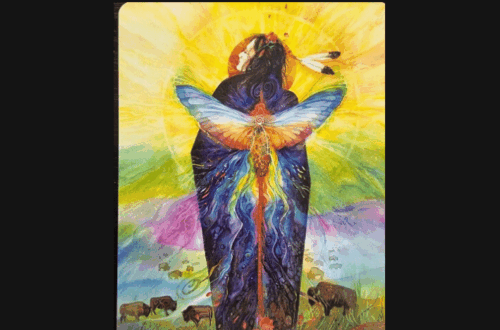 An oracle card from the Sacred Earth Oracle titled Expectation shows a cloaked figure with a glowing butterfly over their back, vibrant colors radiating outward, and animals including buffalo in the foreground. The words Deck Review are above the image.