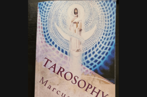 A book titled Tarosophy by Marcus Katz is shown on a dark surface. The Tarosophy cover features mystical artwork with a central figure, swirling patterns, and a blue and purple color scheme. Book Review is written above the image.