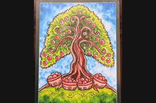 A tarot card titled III ~ The Empress from the Tarot of Trees deck shows a flourishing tree with red fruit and swirling branches, rooted on green hills under a bright blue sky. Deck Review is written above in black text on a white background.