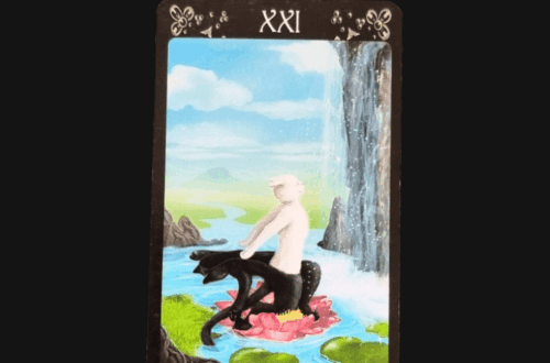 A tarot card from the Black Cats Tarot labeled XXI shows a pale figure riding a black sea creature in a vibrant water landscape with lilies, rocks, green hills, and a waterfall. The words Deck Review appear at the top.