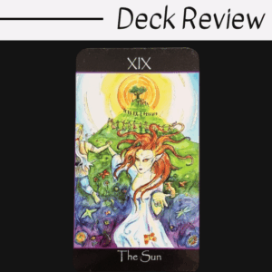 A tarot card from the Tarot of the Sidhe titled The Sun features vibrant artwork with a radiant sun above a green hill, a red-haired figure in white in the foreground, and Deck Review at the top.