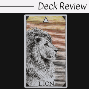 A tarot card illustration of a lion with a mane, facing right, against warm horizontal lines. Labeled LION, this card from the Wild Unknown Animal Spirit deck is highlighted in a Deck Review graphic.